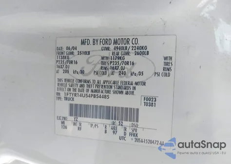 2004 Ford Ranger Edge/Tremor/Xl/Xlt из США, поврежденный, VIN 1FTYR14U54PB54485